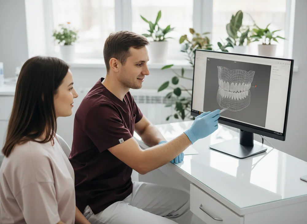 Лікар і пацієнтка дивляться 3D-модель щелепи на моніторі