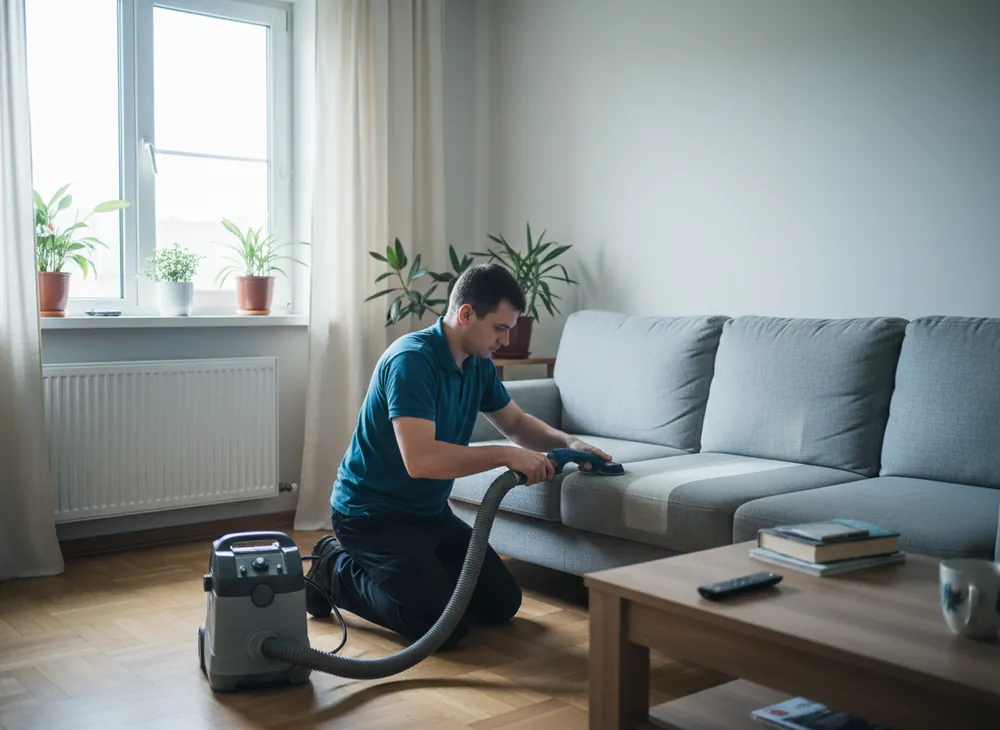 Майстер SofaClean чистить сірий диван екстрактором у квартирі
