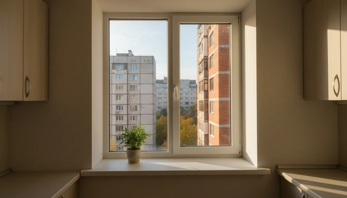 Нове біле вікно з відновленими укосами на кухні