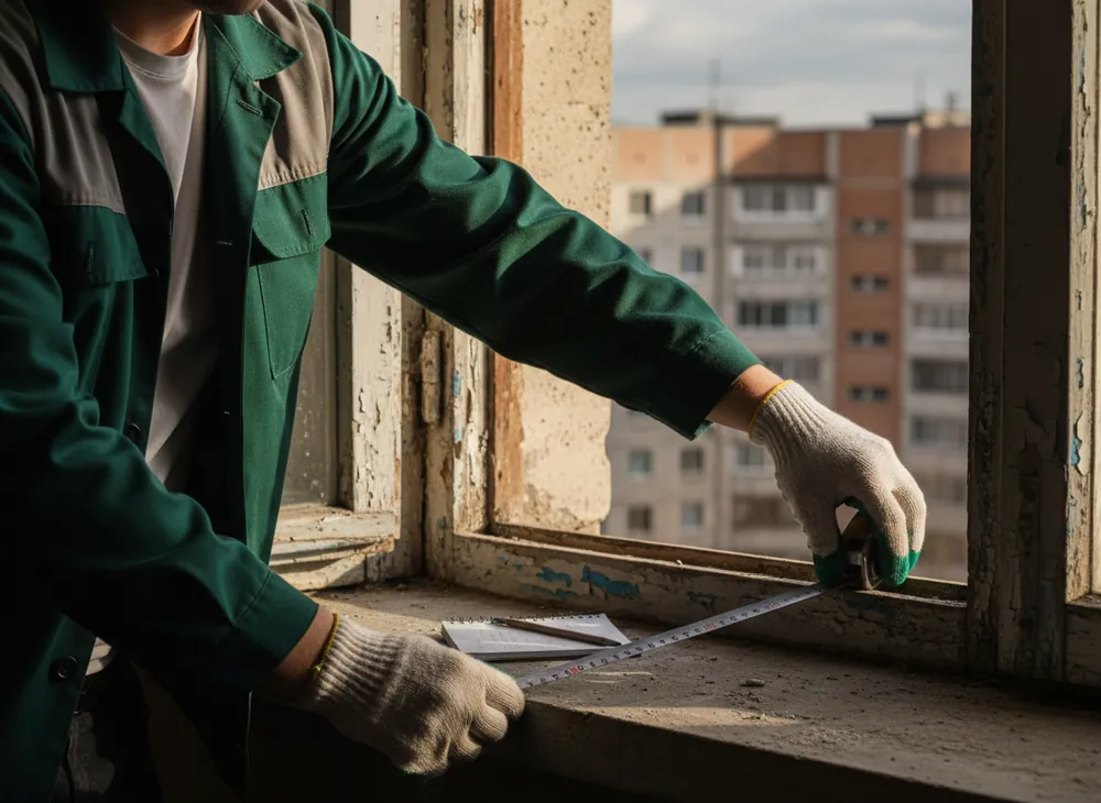 Замірник міряє старе дерев'яне вікно рулеткою