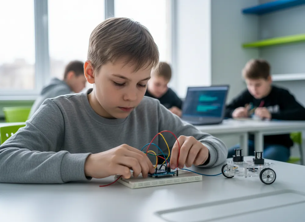 Хлопчик збирає схему на макетній платі на уроці робототехніки