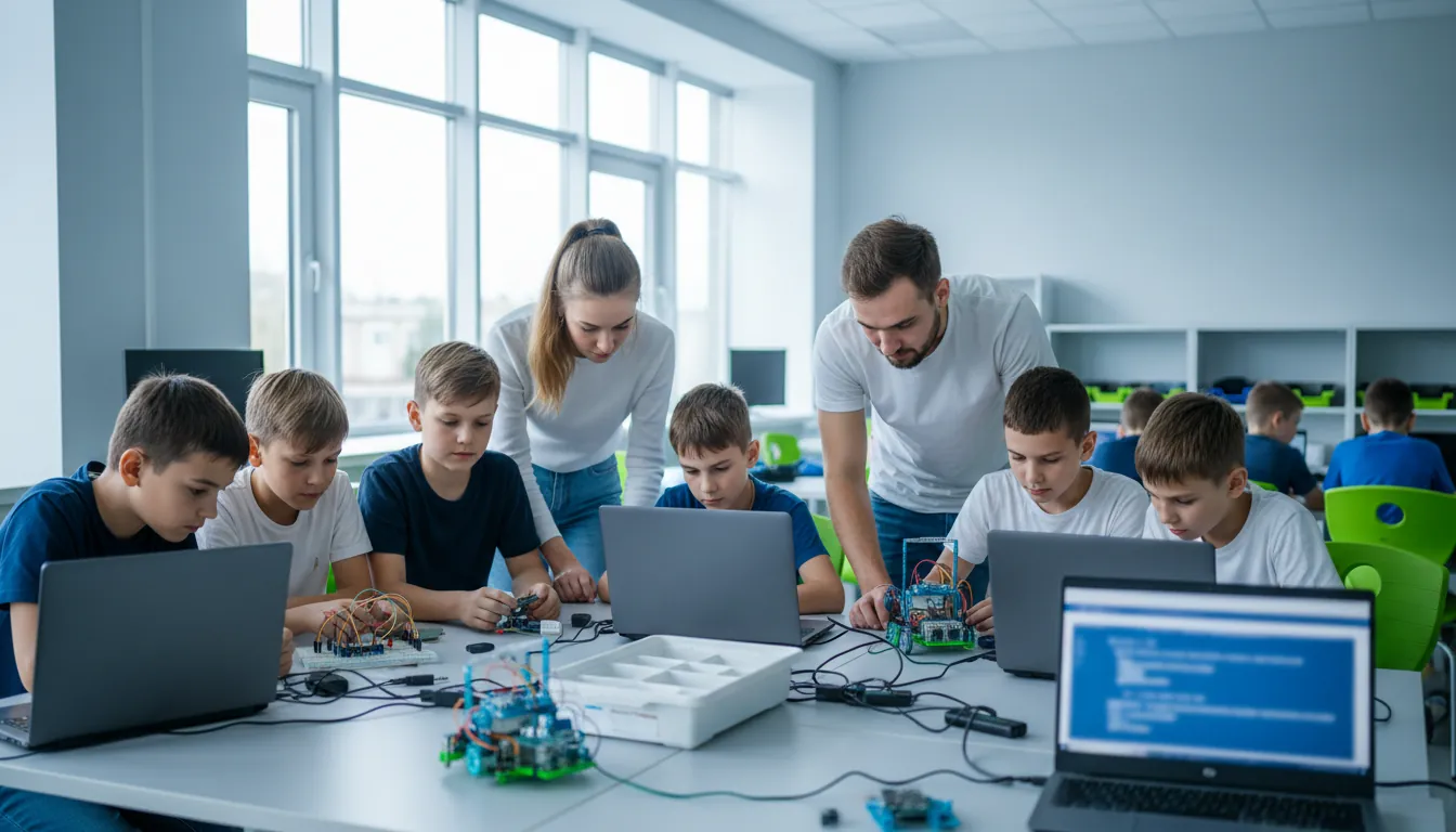 Двоє викладачів допомагають дітям на уроці робототехніки