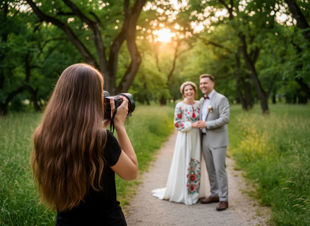Фотограф знімає наречених у парку